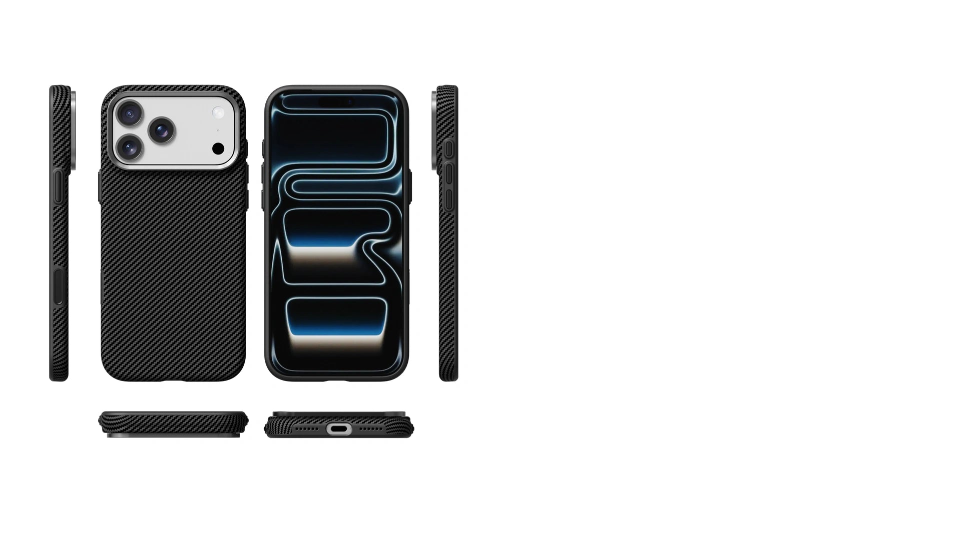 iPhone 18 Pro Max Full-Coverage Kevlar-Style Texture collection shown in six views and six texture colorways