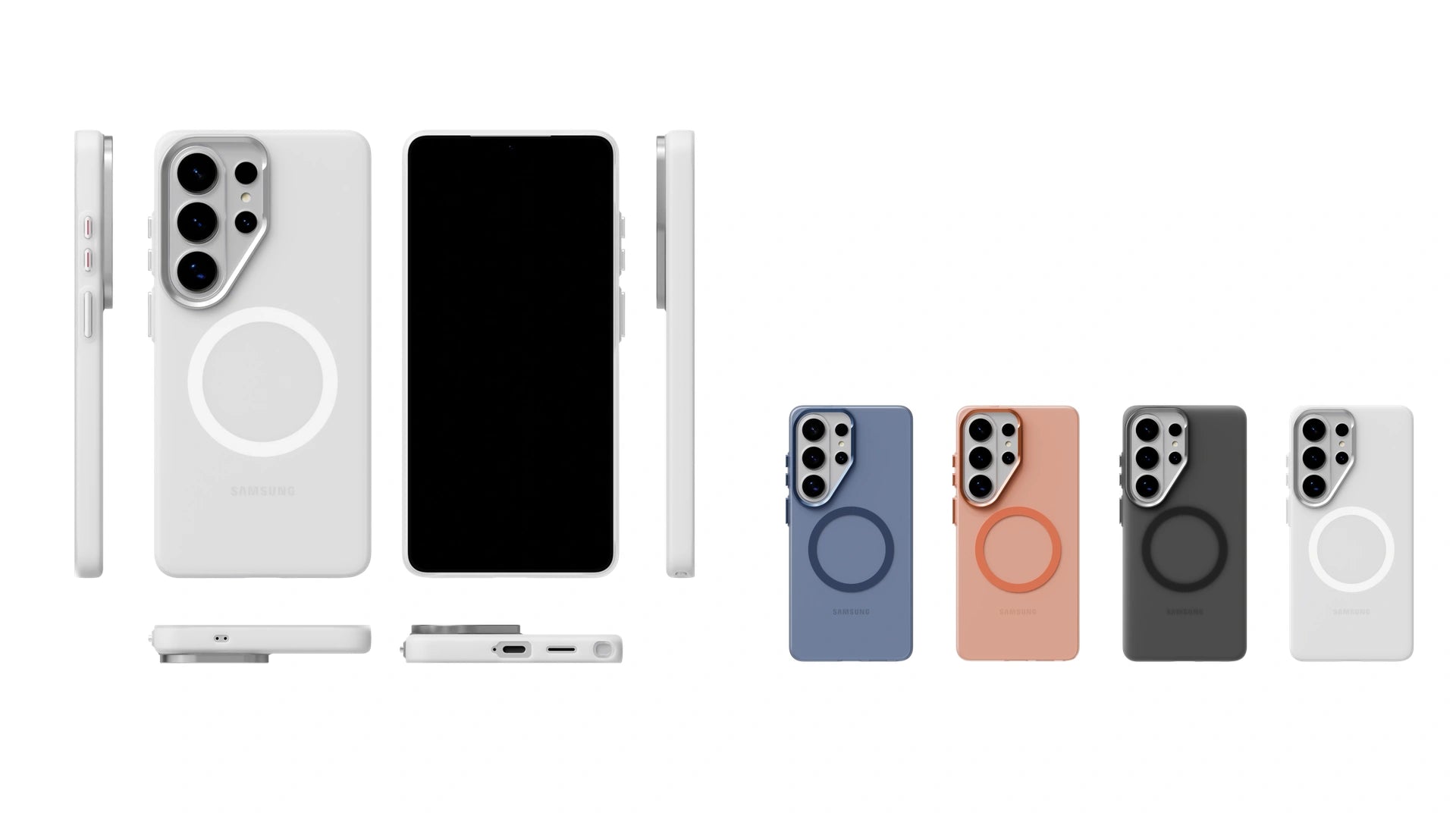 Galaxy S26 Ultra PC-1 Soft-Touch collection shown in six views and four colorways