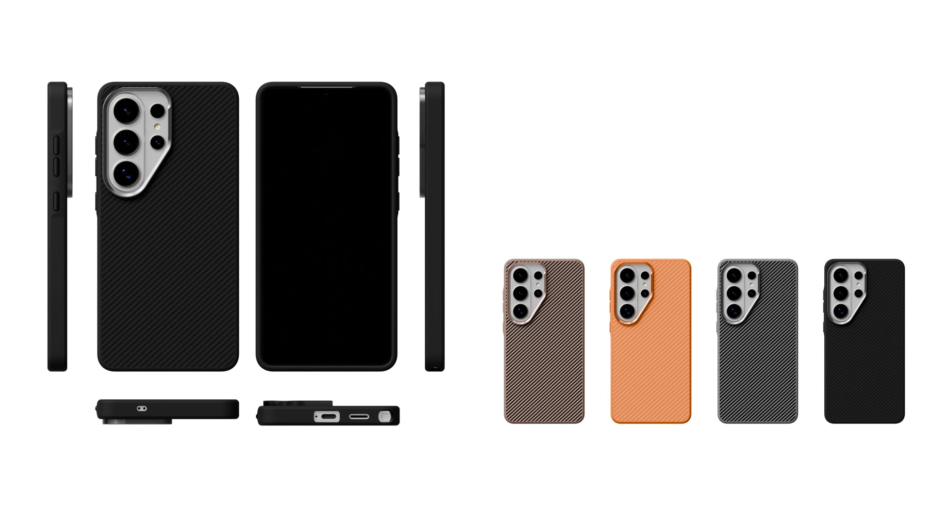 Galaxy S26 Ultra Artisan Kevlar-Style Texture collection shown in six views and four texture colorways