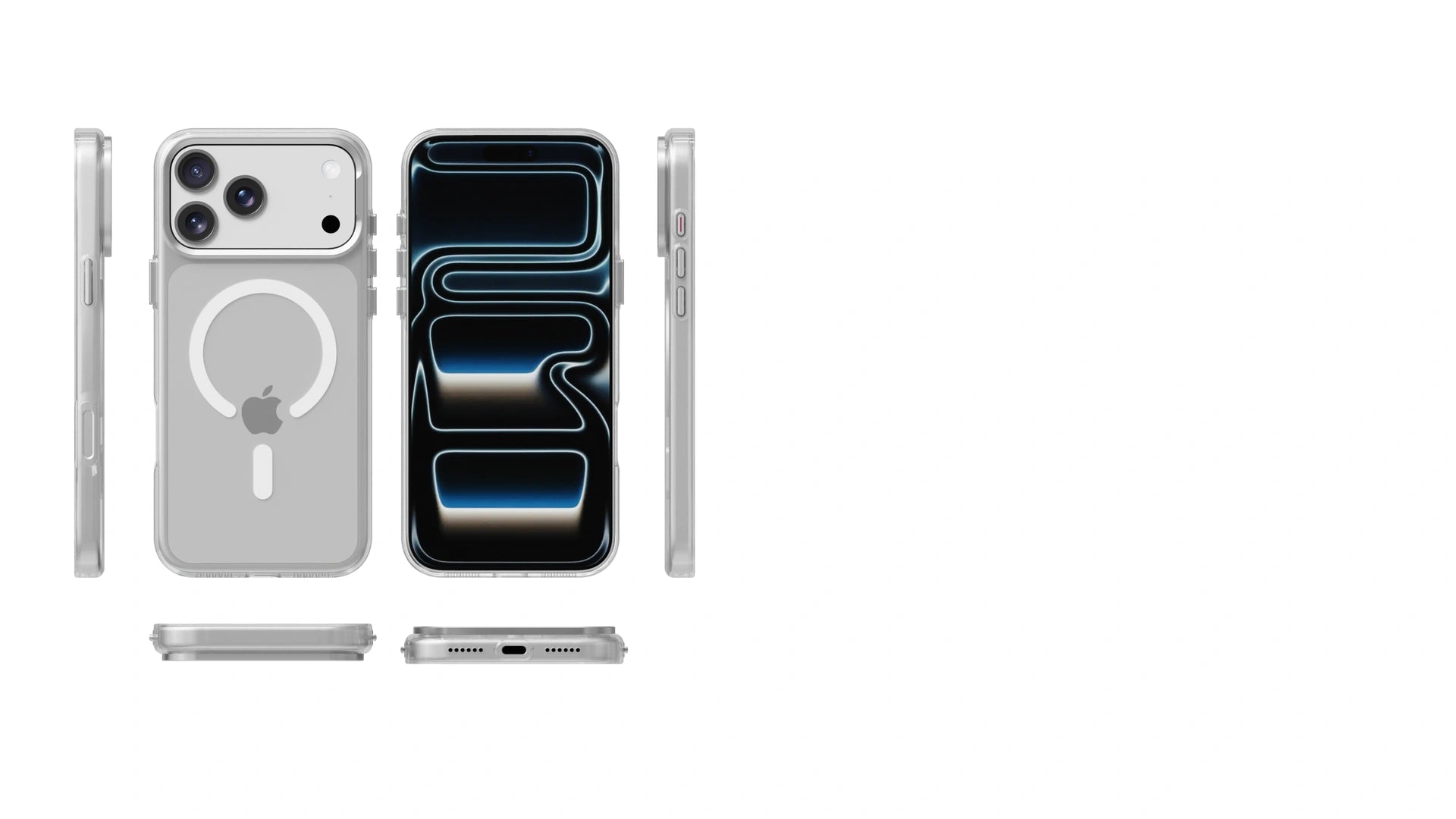 iPhone 18 Pro Max PC-1 Clear collection shown in six views and five colorways