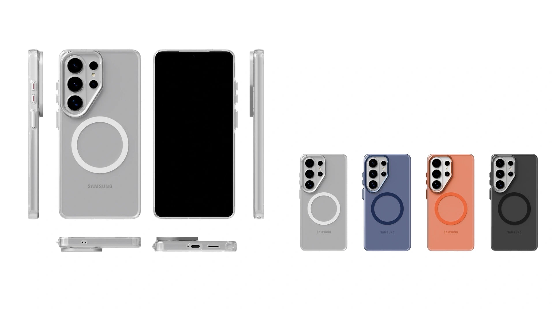 Galaxy S26 Ultra PC-1 Clear collection shown in six views and four colorways
